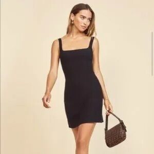 REFORMATION‎ Black Ribbed Stretchy Mini Dresss Square Neck BodyCon Size M Party